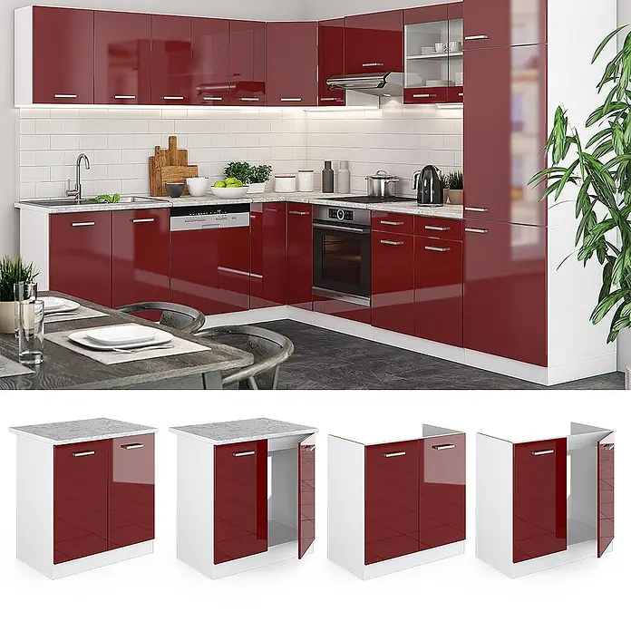Vicco Schrankküche R-Line Rot Hochglanz, AP Anthrazit - Rot Hochglanz, Spülenunterschrank 80 cm, AP Anthrazit - Moderne Küche mit hochglänzenden roten Schränken, weißen Platten und integrierten Geräten. Unterschränke auch separat gezeigt.
