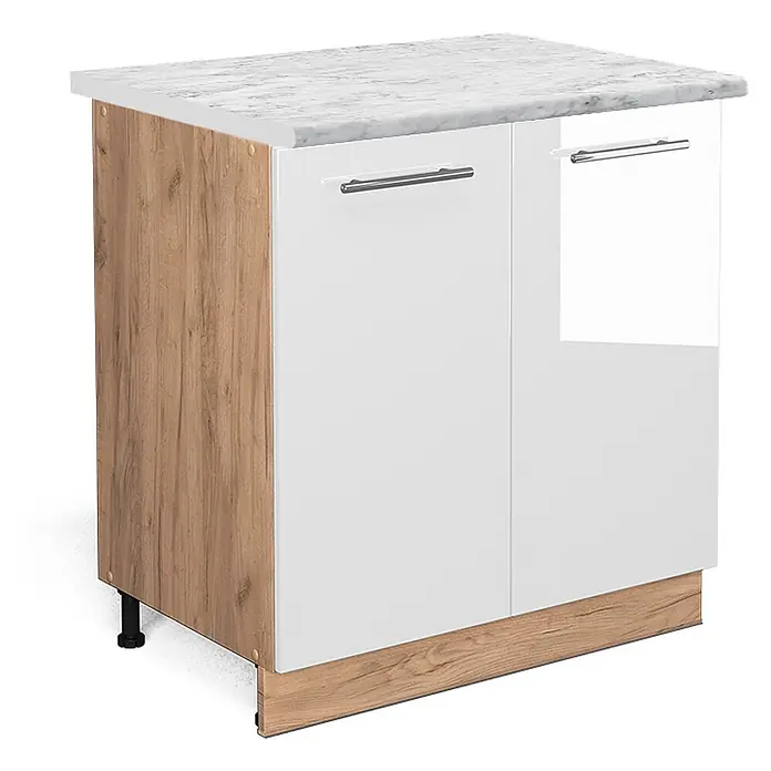 Vicco Schrankküche Fame-Line Weiß Hochglanz mit Regal, AP Marmor - Weiß Hochglanz, Unterschrank 80 cm, AP Marmor - Weißer Küchenunterschrank mit Holzoptik-Seiten, Sockel und Marmoroptik-Arbeitsplatte.