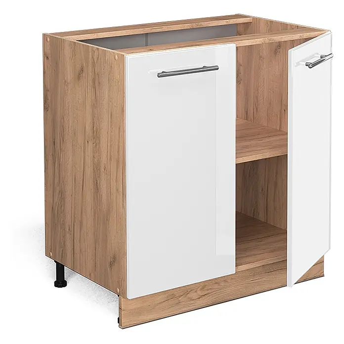 Vicco Schrankküche Fame-Line Weiß Hochglanz mit Regal, AP Eiche - Weiß Hochglanz, Unterschrank 80 cm, AP Eiche - Küchenunterschrank aus Holz mit weißen Türen, eine offen mit Regal, verstellbare Füße.