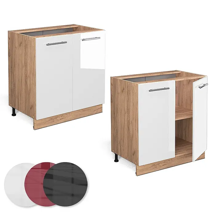 Vicco Schrankküche Fame-Line Weiß Hochglanz mit Regal, AP Eiche - Weiß Hochglanz, Unterschrank 80 cm, AP Eiche - Unterbau Küchenschrank in Holzoptik mit weißen Hochglanztüren, eine offen mit Regalböden. Weiße, rote, schwarze Farbmuster sichtbar.