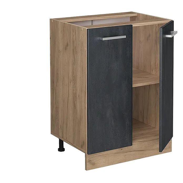 Vicco Küchenunterschrank R-Line, Schwarz Beton, 60 cm -  - Zweitüriger Küchenunterschrank, heller Holzkorpus, dunkelgraue strukturierte Türen, silberne Griffe und ein Einlegeboden.