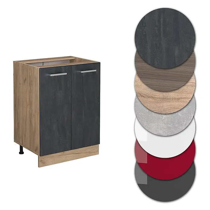 Vicco Küchenunterschrank R-Line, Schwarz Beton, 60 cm -  - Küchenunterschrank in heller Holzoptik mit dunkelgrauen Türen, dazu Materialmuster für Optionen.