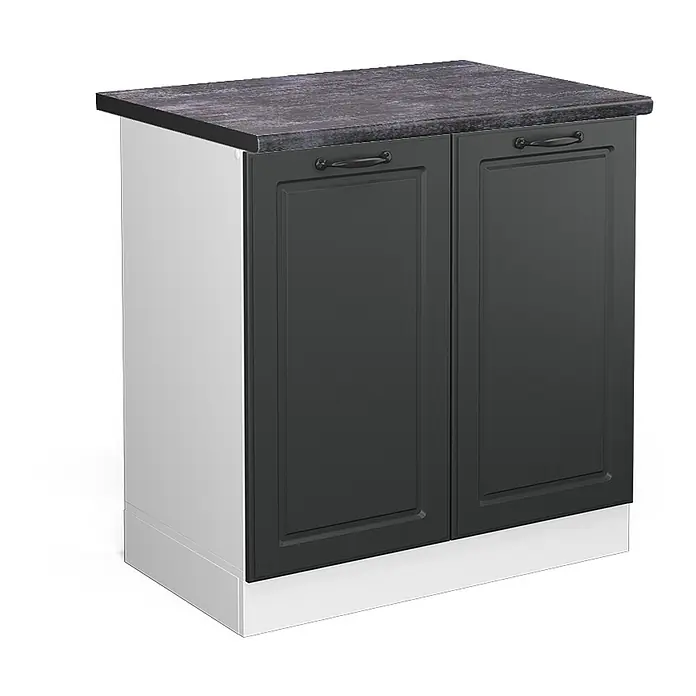 Vicco Schrankküche R-Line Anthrazit Landhaus, AP Anthrazit - Anthrazit Landhaus, Spülenunterschrank 80 cm, AP Anthrazit - Dunkelgrauer Küchenunterschrank mit zwei Türen, dunkler gemusterter Arbeitsplatte und weißen Seitenwänden.