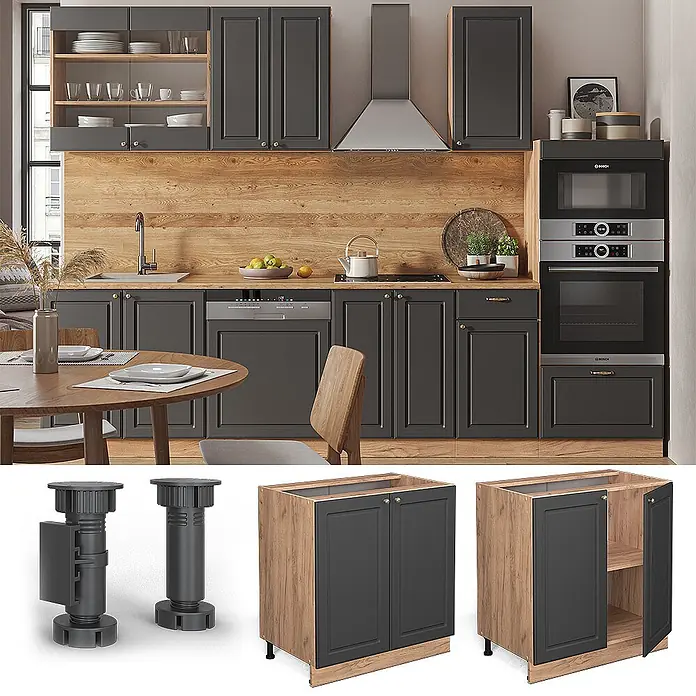 Vicco Schrankküche Fame-Line Anthrazit-Gold mit Regal, AP Anthrazit - Anthrazit-Gold, Unterschrank 80 cm, AP Anthrazit - Moderne Küche mit dunkelgrauen Schränken, Holzbasis und verstellbaren Füßen. Modulares Design mit Einbaugeräten.