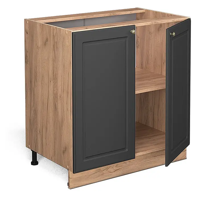 Vicco Schrankküche Fame-Line Anthrazit-Gold mit Regal, AP Anthrazit - Anthrazit-Gold, Unterschrank 80 cm, AP Anthrazit - Küchenunterschrank in Eichenoptik mit anthrazitfarbenen Türen, eine offenbart ein Innenregal.