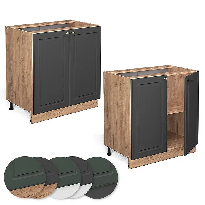 Vicco Schrankküche Fame-Line Anthrazit-Gold mit Regal, AP Anthrazit - Anthrazit-Gold, Unterschrank 80 cm, AP Anthrazit - Zwei Küchenunterschränke mit dunkelgrauen Türen und heller Holzmaserung, einer offen mit Regal.
