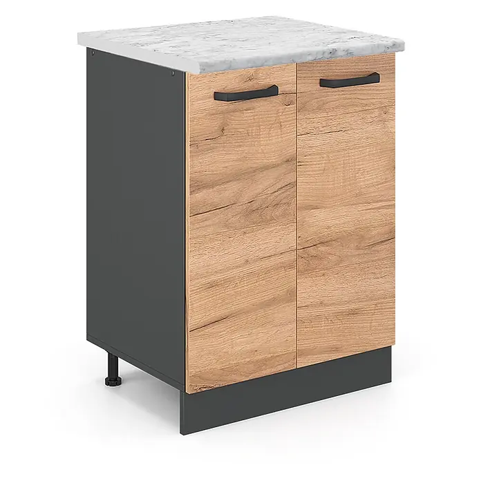 Vicco Schrankküche R-Line Goldkraft Eiche AP Marmor - Goldkraft Eiche, Unterschrank 60 cm, AP Marmor - Zweitüriger Küchenunterschrank mit hellen Holztüren, dunkelgrauem Korpus, weißer Marmor-Arbeitsplatte und schwarzen Griffen.