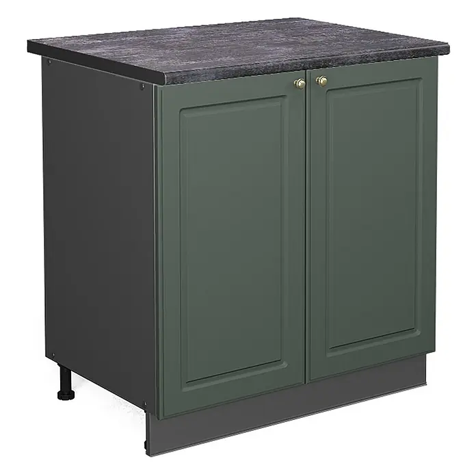 Vicco Schrankküche Fame-Line Grün-Gold Landhaus mit Regal, AP Anthrazit - Grün-Gold Landhaus, Unterschrank 80 cm, AP Anthrazit - Dunkelgrüner Unterschrank mit zwei Türen, dunkelgrauer Arbeitsplatte und Messinggriffen.