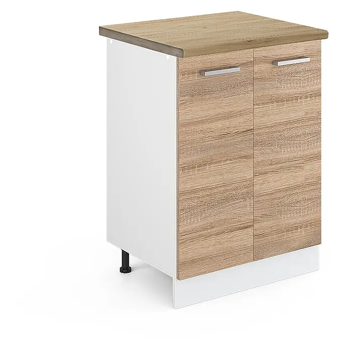 Vicco Schrankküche R-Line Sonoma, AP Eiche - Sonoma, Unterschrank 60 cm, AP Eiche - Helles Holz-Effekt-Unterschrank mit zwei Türen, weißen Seiten und Sockel, mit silbernen Griffen.