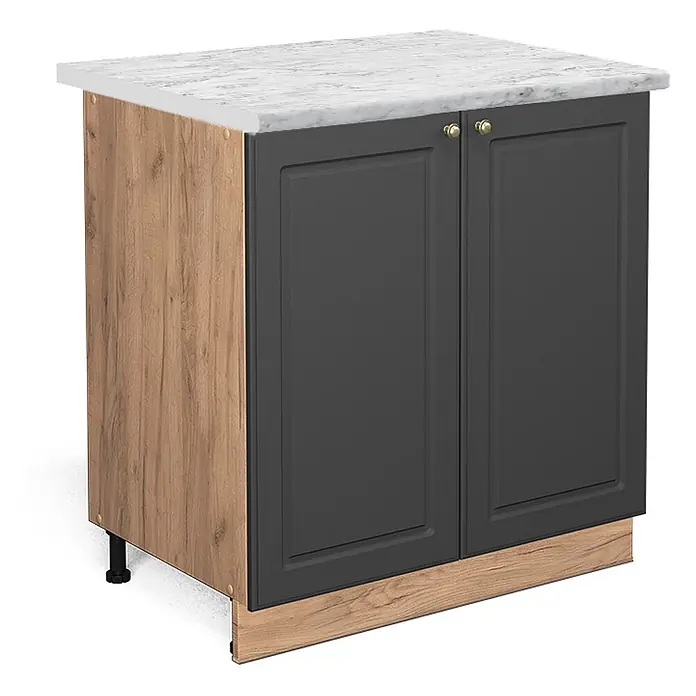 Vicco Schrankküche Fame-Line Anthrazit-Gold mit Regal, AP Marmor - Anthrazit-Gold, Unterschrank 80 cm, AP Marmor - Küchenunterschrank mit dunkelgrauen Türen, goldenen Knöpfen, hellem Holzrahmen und weißer Marmor-Arbeitsplatte.