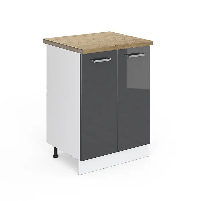 Vicco Schrankküche R-Line Anthrazit Hochglanz, AP Eiche - Anthrazit Hochglanz, Unterschrank 60 cm, AP Eiche - Kompakter Schrank mit dunkelgrauen Hochglanztüren, weißem Korpus und Eichenholz-Optikplatte.