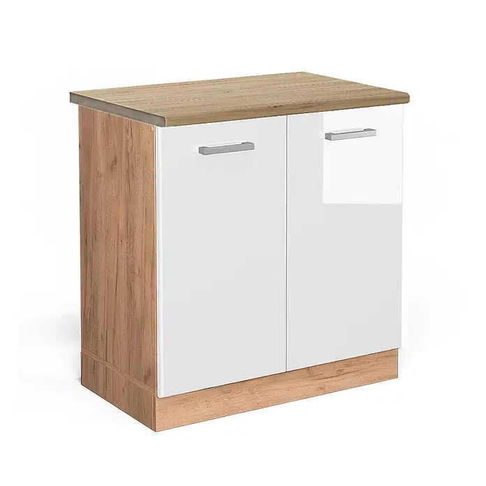 Vicco Schrankküche R-Line Weiß Hochglanz, AP Eiche - Weiß Hochglanz, Spülenunterschrank 80 cm - Zweitüriger Schrank mit heller Holzplatte und -seiten, weißen Hochglanztüren und silbernen Griffen. Ideal zur Aufbewahrung.