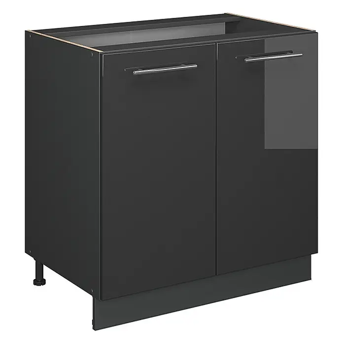 Vicco Schrankküche Fame-Line Anthrazit Hochglanz mit Regal, AP Anthrazit - Breite: 80 cm, Anthrazit Hochglanz, Unterschrank 80 cm - Dunkelgrauer glänzender zweitüriger Unterschrank mit Metallgriffen und Sockel.