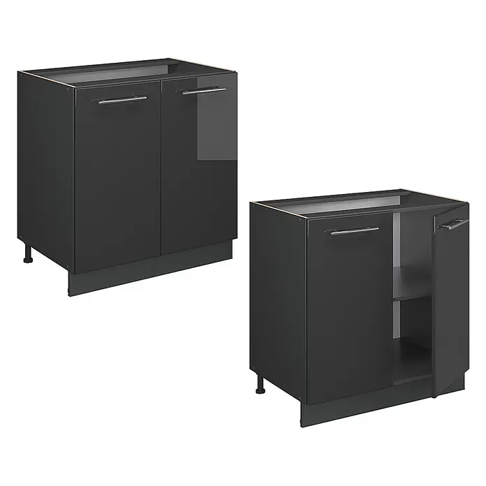 Vicco Schrankküche Fame-Line Anthrazit Hochglanz mit Regal, AP Anthrazit - Breite: 80 cm, Anthrazit Hochglanz, Unterschrank 80 cm - Zwei anthrazitfarbene Hochglanz-Küchenunterschränke mit Chromgriffen, einer mit offener Tür und Regal.