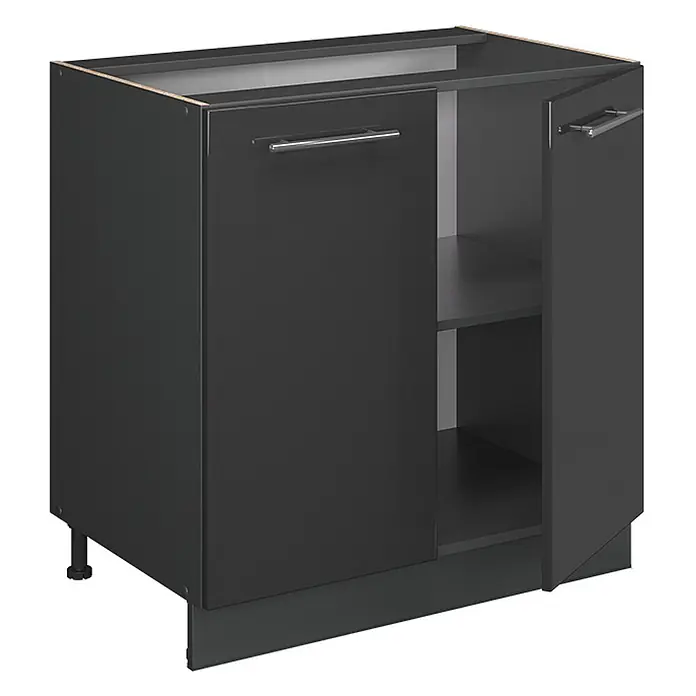 Vicco Schrankküche Fame-Line Anthrazit Hochglanz mit Regal, AP Anthrazit - Breite: 80 cm, Anthrazit Hochglanz, Unterschrank 80 cm - Dunkelgrauer Küchenunterschrank mit zwei Türen, eine geöffnet, die einen Einlegeboden enthüllt, und Metallgriffen.