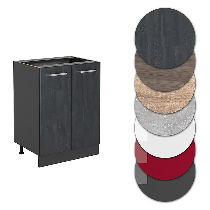 Vicco Küchenunterschrank R-Line, Schwarz Beton, 60 cm -  - Anthrazitfarbener Küchenunterschrank mit zwei Türen und silbernen Griffen, verschiedene Oberflächenoptionen gezeigt.