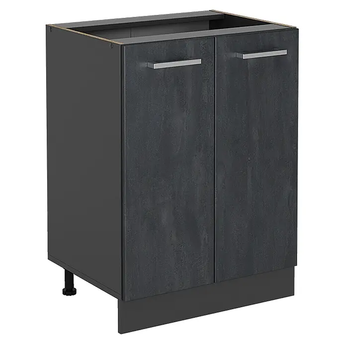 Vicco Küchenunterschrank R-Line, Schwarz Beton, 60 cm -  - Dunkelgrauer strukturierter Küchenunterschrank mit zwei Türen, silbernen Griffen, verstellbaren Füßen und einer dunklen Sockelblende.