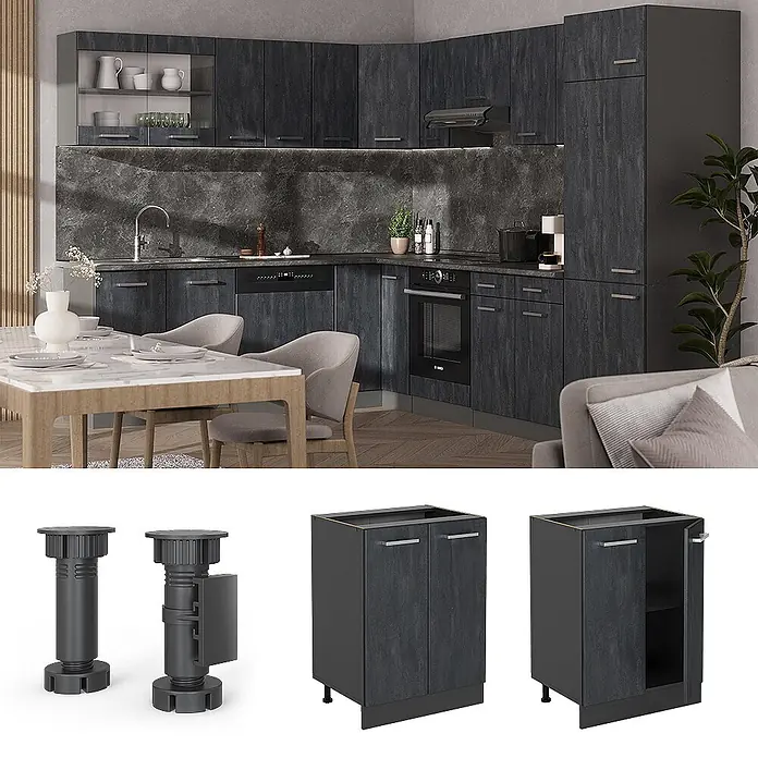 Vicco Schrankküche R-Line Schwarz Beton AP Anthrazit - Schwarz Beton, Unterschrank 60 cm, AP Anthrazit - L-förmige dunkelgraue strukturierte Küchenschränke mit integrierten Geräten und separaten modularen Unterschränken mit verstellbaren Beinen.