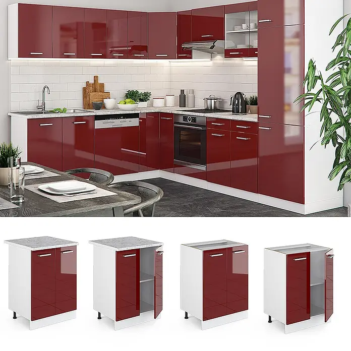 Vicco Schrankküche R-Line Rot Hochglanz, AP Eiche - Rot Hochglanz, Unterschrank 60 cm, AP Eiche - Moderne Küche mit hochglänzenden roten Schränken, weißen Arbeitsplatten und integrierten Geräten.