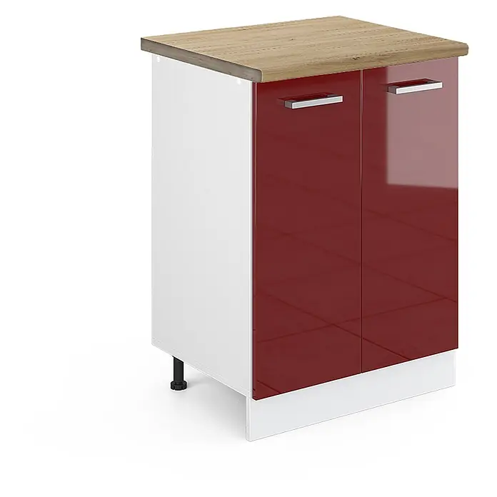Vicco Schrankküche R-Line Rot Hochglanz, AP Eiche - Rot Hochglanz, Unterschrank 60 cm, AP Eiche - Kleiner Küchenunterschrank mit weißen Seiten, Holzoptik-Arbeitsplatte und glänzend dunkelroten Doppeltüren mit silbernen Griffen. Weiße Sockelblende, schwarze Füße.