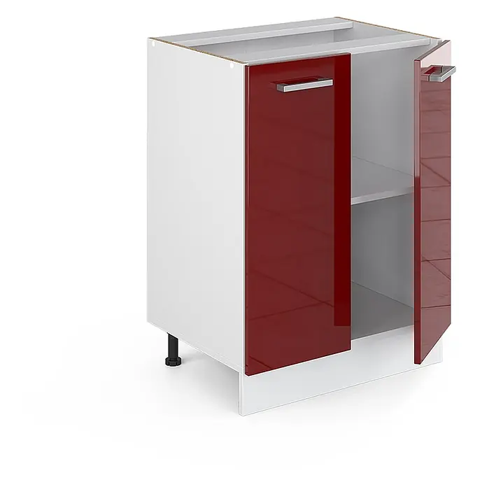 Vicco Schrankküche R-Line Rot Hochglanz, AP Eiche - Rot Hochglanz, Unterschrank 60 cm, AP Eiche - Weißer Küchenunterschrank mit glänzenden roten Türen, eine offen zeigt ein Innenregal, mit silbernen Griffen und schwarzen Füßen.