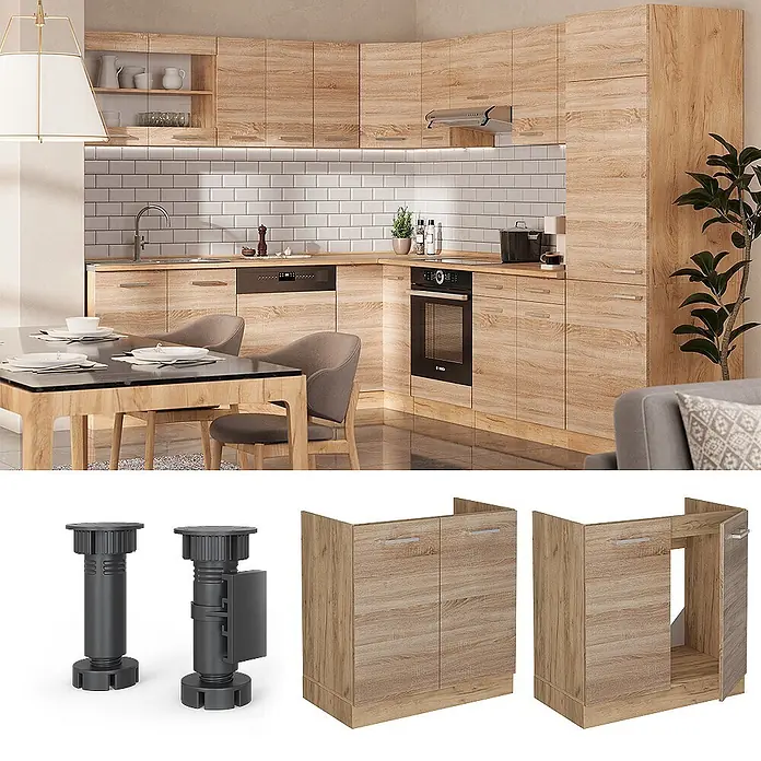 Vicco Schrankküche R-Line Sonoma, AP Anthrazit - Sonoma, Spülenunterschrank 80 cm, AP Anthrazit - Moderne Küche mit hellen Holzmaserungsschränken, inkl. Unter- und Oberschränke, integrierten Geräten und verstellbaren Füßen.