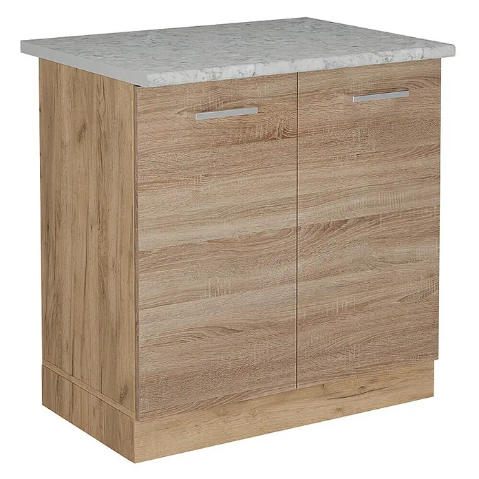Vicco Schrankküche R-Line Sonoma AP Marmor - Sonoma, Spülenunterschrank 80 cm, AP Marmor - Heller Holzschrank mit zwei Türen, silbernen Griffen und weißer Marmor-Effekt-Arbeitsplatte.