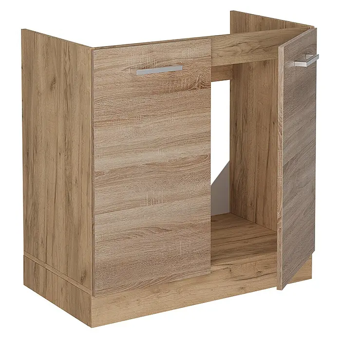 Vicco Schrankküche R-Line Sonoma, AP Anthrazit - Sonoma, Spülenunterschrank 80 cm, AP Anthrazit - Hellbrauner Küchenunterschrank in Eichenoptik mit einer geschlossenen und einer offenen Tür, die einen leeren Raum zeigt, mit silbernen Griffen.