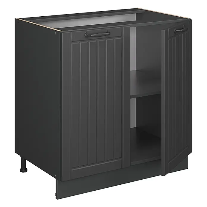 Vicco Schrankküche Fame-Line Dunkelgrau mit Regal, AP Anthrazit - Dunkelgrau, Unterschrank 80 cm, AP Anthrazit - Dunkelgrauer Küchenunterschrank mit zwei Kassettentüren, eine offen, zeigt ein Innenregal. Mit verstellbaren Füßen.