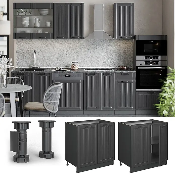 Vicco Schrankküche Fame-Line Dunkelgrau mit Regal, AP Anthrazit - Dunkelgrau, Unterschrank 80 cm, AP Anthrazit - Eine moderne Küche mit dunkelgrauen, gerillten Schränken, integrierten Geräten und hellem Spritzschutz.