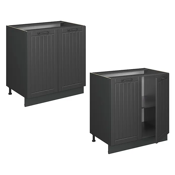 Vicco Schrankküche Fame-Line Dunkelgrau mit Regal, AP Anthrazit - Dunkelgrau, Unterschrank 80 cm, AP Anthrazit - Zwei dunkelgraue Küchenunterschränke mit gerillten Türen und schwarzen Griffen. Einer geschlossen, einer offen mit Einlegeboden. Auf Beinen mit Sockel.