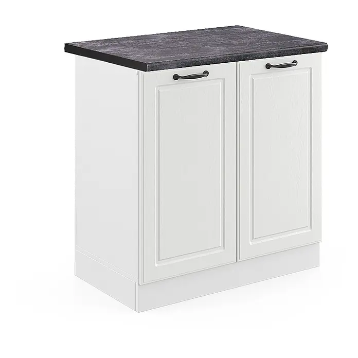 Vicco Schrankküche R-Line Weiß Landhaus, AP Anthrazit - Weiß Landhaus, Spülenunterschrank 80 cm - Weißer Küchenunterschrank mit zwei Kassettentüren, dunklen Griffen und dunkler Arbeitsplatte.