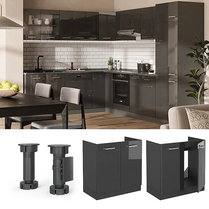 Vicco Schrankküche R-Line Anthrazit Hochglanz, AP Eiche - Anthrazit Hochglanz, Spülenunterschrank 80 cm - Modulares hochglänzendes Küchensystem in Dunkelgrau mit Unter-, Ober- und Hochschränken, verstellbaren Füßen, in einer L-förmigen Küche.
