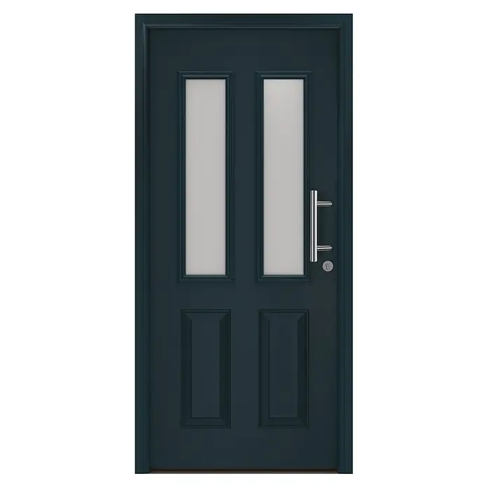 Hörmann EcoStar Haustür ISOPRO Secur IPS 410S - 110 x 210 cm, DIN Anschlag: Rechts, Anthrazitgrau - Dunkelblaue Eingangstür mit zwei vertikalen Milchglas-Einsätzen, zwei Füllungen und einem modernen silbernen Griff.