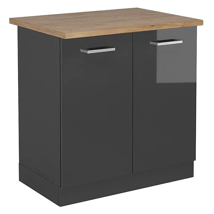 Vicco Schrankküche R-Line Anthrazit Hochglanz, AP Eiche - Anthrazit Hochglanz, Spülenunterschrank 80 cm - Dunkelgrauer zweitüriger Aufbewahrungsschrank mit heller Holzplatte und Chromgriffen.