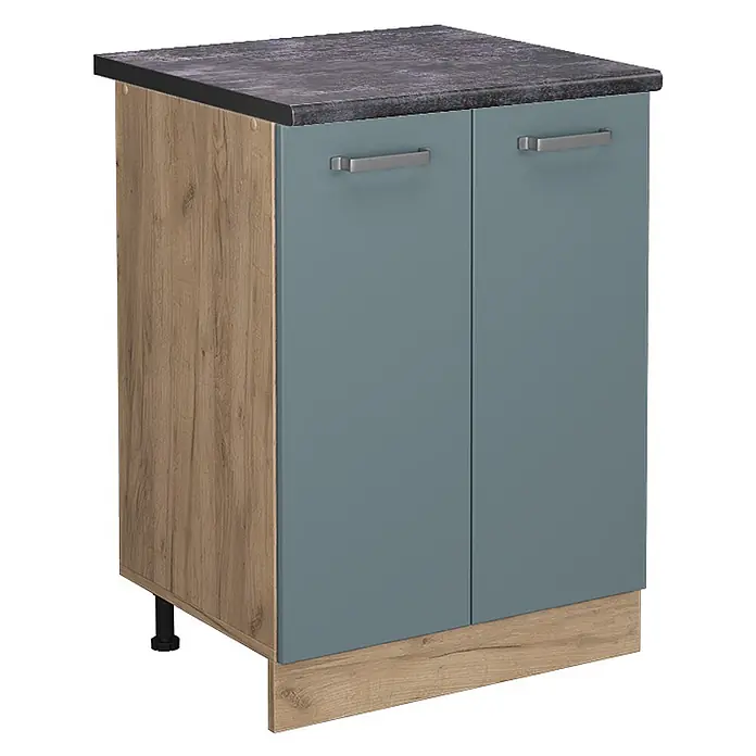 Vicco Schrankküche R-Line Blau-Grau, AP Anthrazit - Blau-Grau, Unterschrank 60 cm, AP Anthrazit - Zweitüriger Unterschrank mit dunkelgrauer Arbeitsplatte, blaugrauen Türen und Seiten/Sockel in heller Holzoptik.