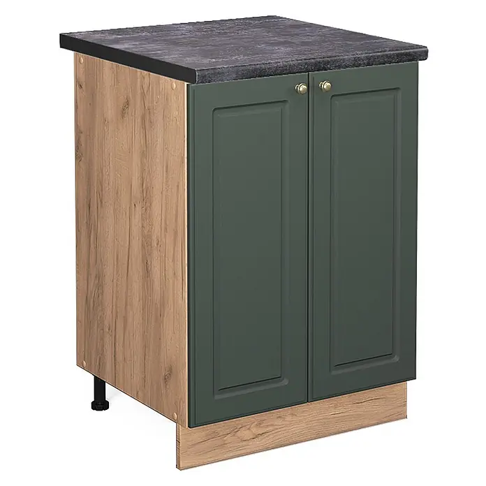 Vicco Schrankküche Fame-Line Grün-Gold Landhaus, AP Anthrazit - Grün-Gold Landhaus, Unterschrank 60 cm, AP Anthrazit - Küchenunterschrank mit dunkelgrauer Arbeitsplatte, hellen Holzmaserung Seiten und Sockel, und dunkelgrünen Türen mit Messinggriffen.