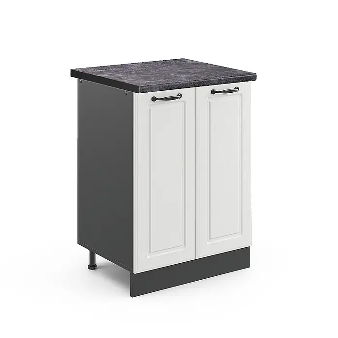 Vicco Schrankküche R-Line Weiß Landhaus, AP Anthrazit - Weiß Landhaus, Unterschrank 60 cm - Küchenunterschrank mit weißen Paneeltüren, dunkelgrauen Seiten, schwarzer Arbeitsplatte und schwarzen Griffen.