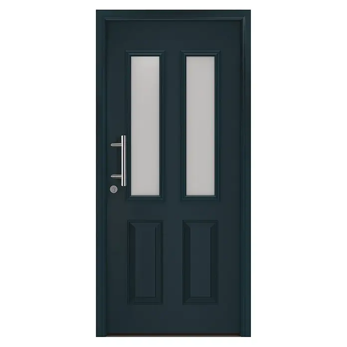 Hörmann EcoStar Haustür ISOPRO Secur IPS 410S - 110 x 210 cm, DIN Anschlag: Links, Anthrazitgrau - Dunkelblaue moderne Tür mit zwei vertikalen Milchglasfeldern, zwei unteren Paneelen und einem silbernen Stangengriff mit Schloss.