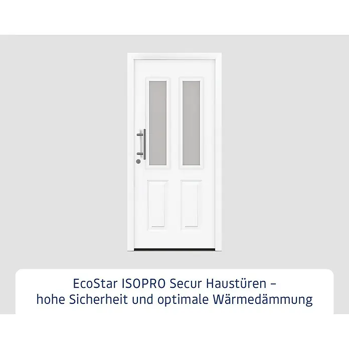 Hörmann EcoStar Haustür ISOPRO Secur IPS 410S - 110 x 210 cm, DIN Anschlag: Links, Verkehrsweiß - Weiße Haustür mit zwei vertikalen Glaseinsätzen und langem Griff.
