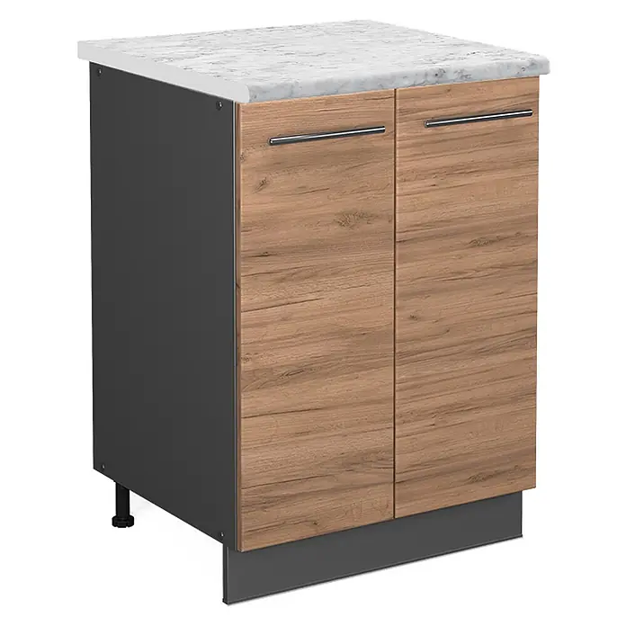 Vicco Schrankküche Fame-Line Goldkraft Eiche, AP Marmor - Goldkraft Eiche, Unterschrank 60 cm, AP Marmor - Küchenunterschrank mit weißer Marmoroptik-Arbeitsplatte, dunkelgrauem Korpus und hellbraunen Holzmaserungstüren mit Chromgriffen.
