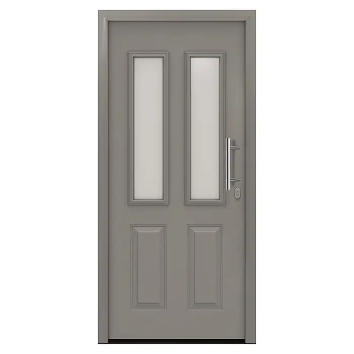 Hörmann EcoStar Haustür ISOPRO IP 410S - 110 x 210 cm, DIN Anschlag: Rechts, Graualuminium - Graue Tür mit zwei vertikalen Glaspaneelen, zwei festen Paneelen und einem Chromgriff.