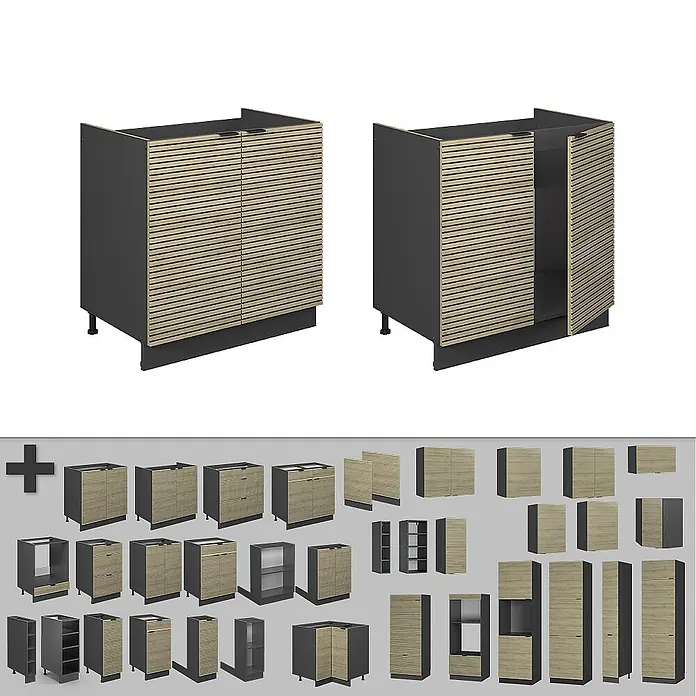 Vicco Schrankküche Fame-Line Eiche Paneel ohne Arbeitsplatte - Eiche Paneel, Spülenunterschrank 80 cm - Modulare Küchenschränke mit dunkelgrauem Korpus und hellen Holzlamellentüren, geschlossen und geöffnet dargestellt.