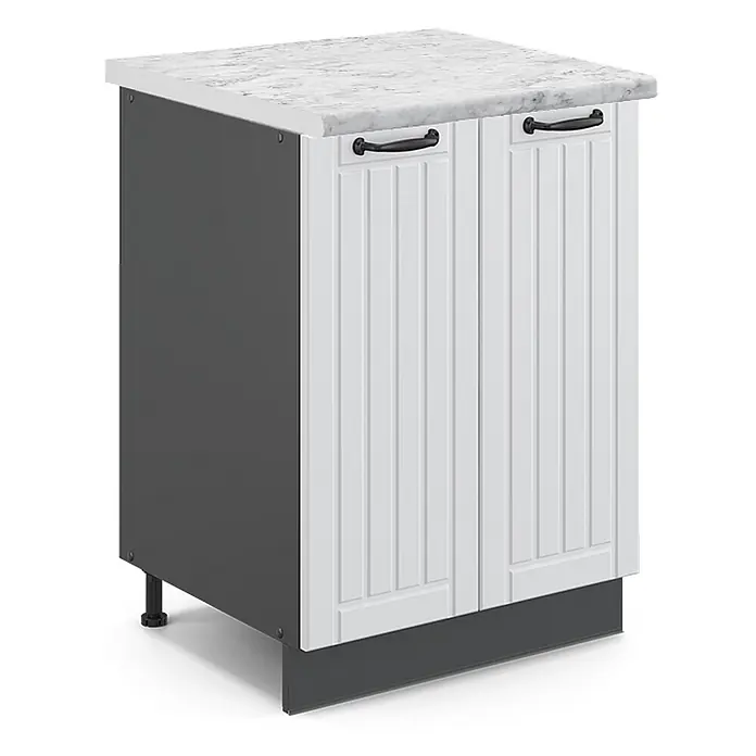 Vicco Schrankküche Fame-Line Weiß Landhaus, AP Marmor - Weiß Landhaus, Unterschrank 60 cm - Weißer Küchenunterschrank mit Marmoroptik-Arbeitsplatte, dunkelgrauem Korpus und schwarzen Griffen.