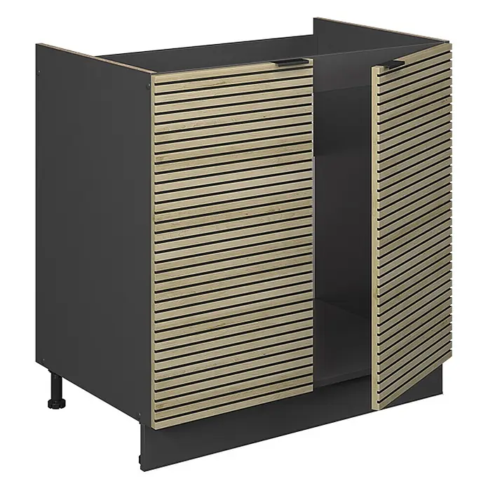 Vicco Schrankküche Fame-Line Eiche Paneel ohne Arbeitsplatte - Eiche Paneel, Spülenunterschrank 80 cm - Dunkelgrauer Unterschrank mit zwei hellen Holzlamellentüren, eine leicht geöffnet, die den dunklen Innenraum zeigt. Verstellbare Füße und Sockel.