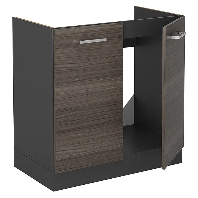 Vicco Schrankküche R-Line Edelgrau AP Marmor - Edelgrau, Spülenunterschrank 80 cm, AP Marmor - Dunkelgrauer Unterschrank mit dunklen Holzmaserungstüren und silbernen Griffen, eine Tür offen.