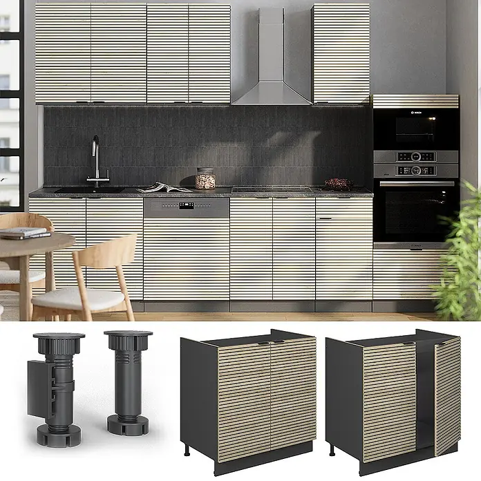 Vicco Schrankküche Fame-Line Eiche Paneel ohne Arbeitsplatte - Eiche Paneel, Spülenunterschrank 80 cm - Moderne Küchenschränke mit hellen Lamellenfronten und dunkelgrauem Korpus, installiert und mit verstellbaren Füßen.