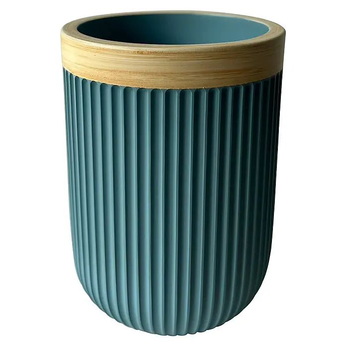 Camargue Zahnputzbecher Ocean Wood - Harz, Blau/Holz - Zylindrischer gerippter schieferblauer Behälter mit hellem Holzrand.
