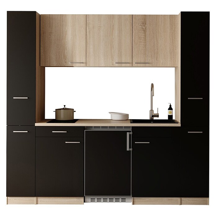Respekta Küchenzeile Ingrid (Breite: 210 cm, Schwarz, Mit Kochfeld + Kühlschrank) | BAUHAUS