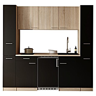 Respekta Küchenzeile Ingrid (Breite: 210 cm, Schwarz, Mit Kochfeld + Kühlschrank)